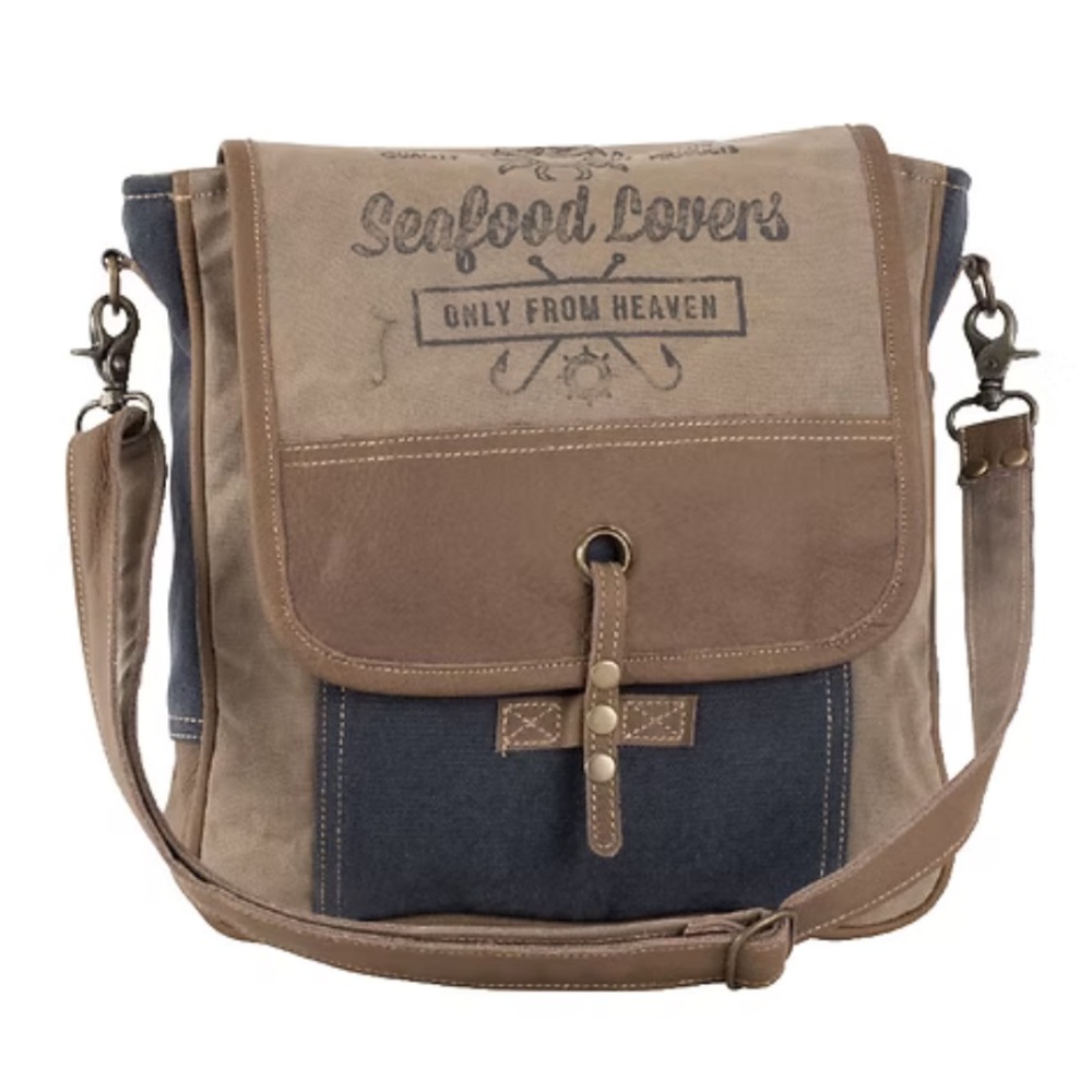 Clea Ray Upcycled Seafood Lovers Canvas Messenger Crossbody Shoulder‎ Tote Bag
